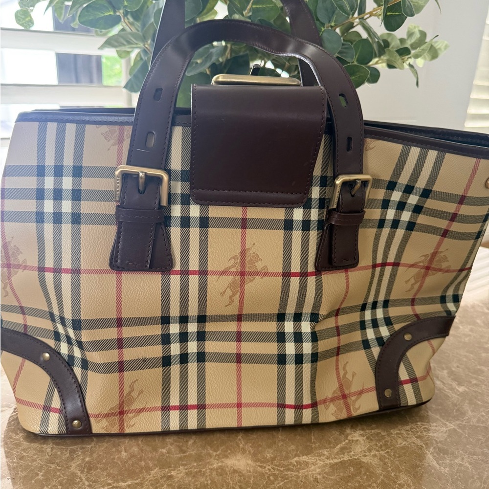 Burberry Beige and Dark Brown Checkered Tote - Picture 4 of 5